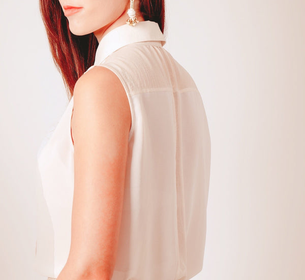 Sheer Cream & Gold Shimmer Panelled Sleeveless Shirt by Yan Neo London - Yan Neo London
