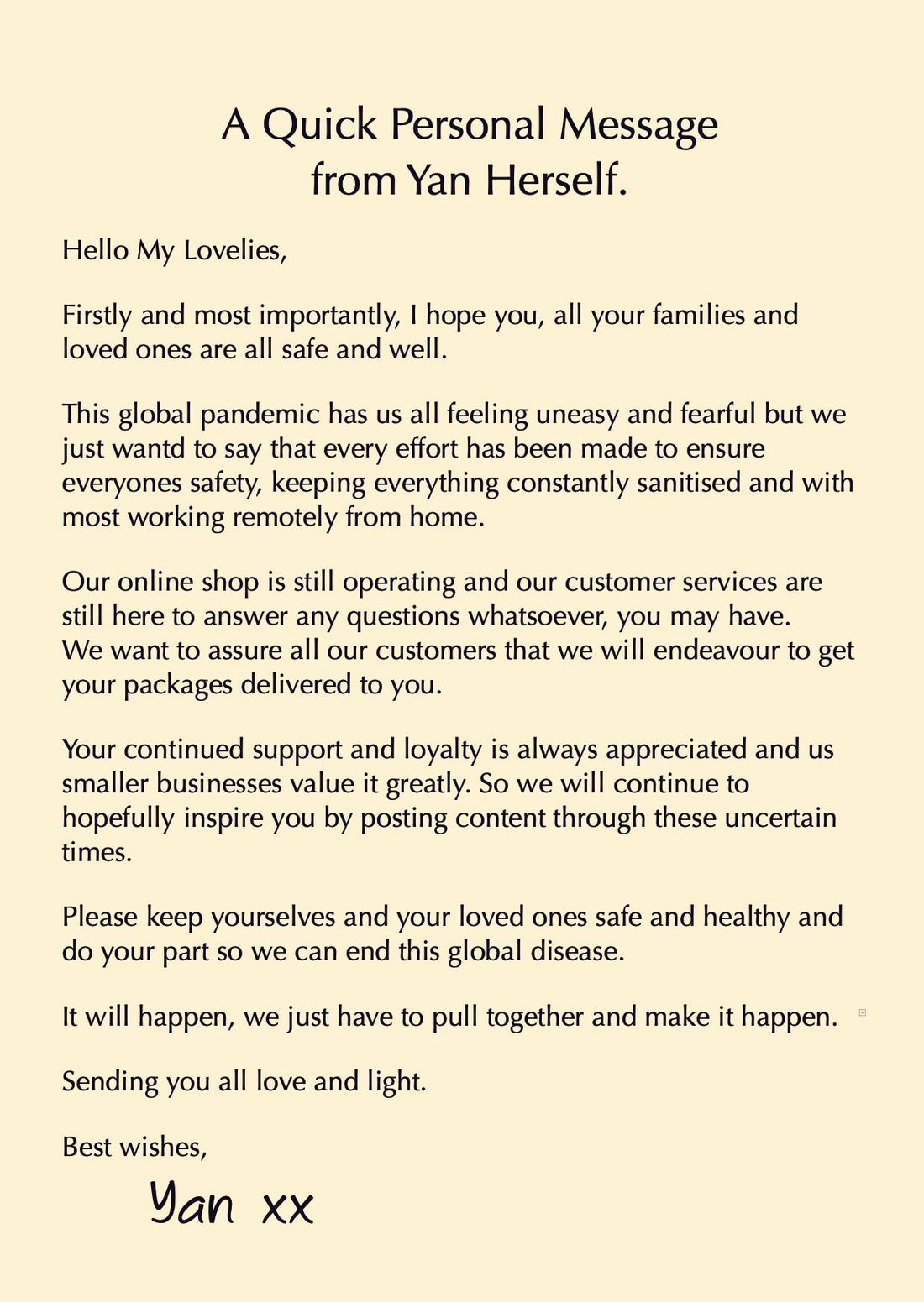COVID-19 UPDATE - A Personal Message From Yan Herself - Yan Neo London
