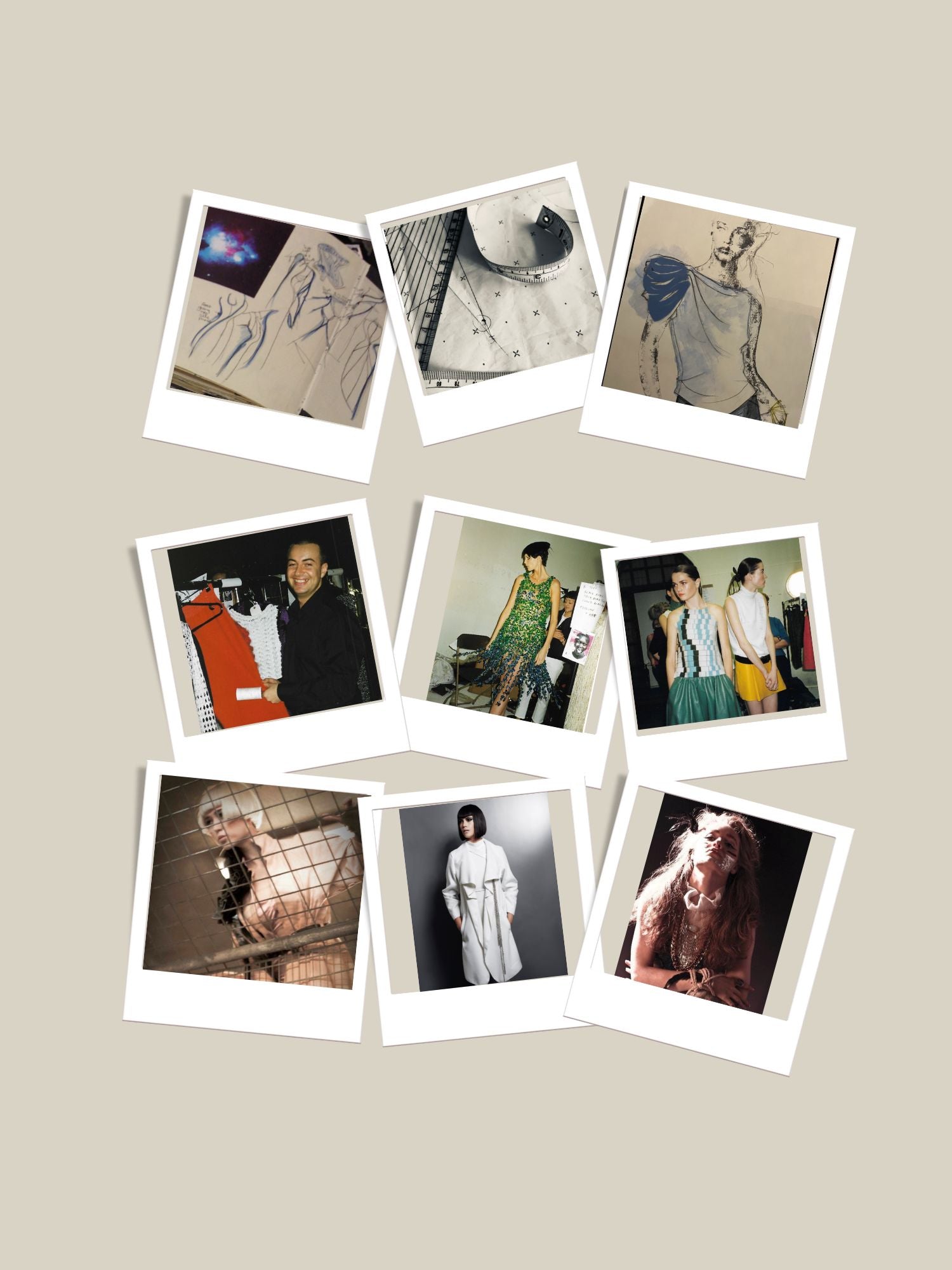 Design sketches, fittings, and early fashion work reflecting the technical foundations behind Yan Neo London.