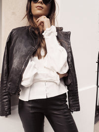 Yan Neo London Clio Black Leather Biker Jacket On Model