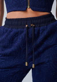 Yan Neo London Thalia Navy Jersey Jacquard Luxe Trouser Jogger  waistband detail