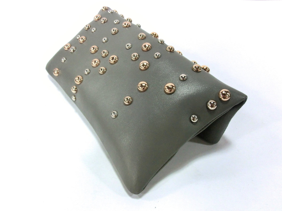 ARETI - Grey Leather Stud Clutch Bag - Yan Neo London