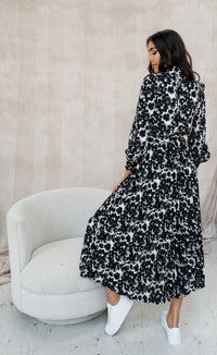 DAPHNE - Black Print Pleated Shirt Dress - Yan Neo London