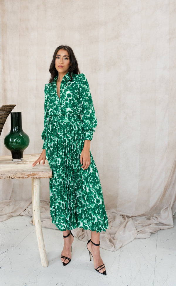 DAPHNE - Green Print Pleated Shirt Dress - Yan Neo London