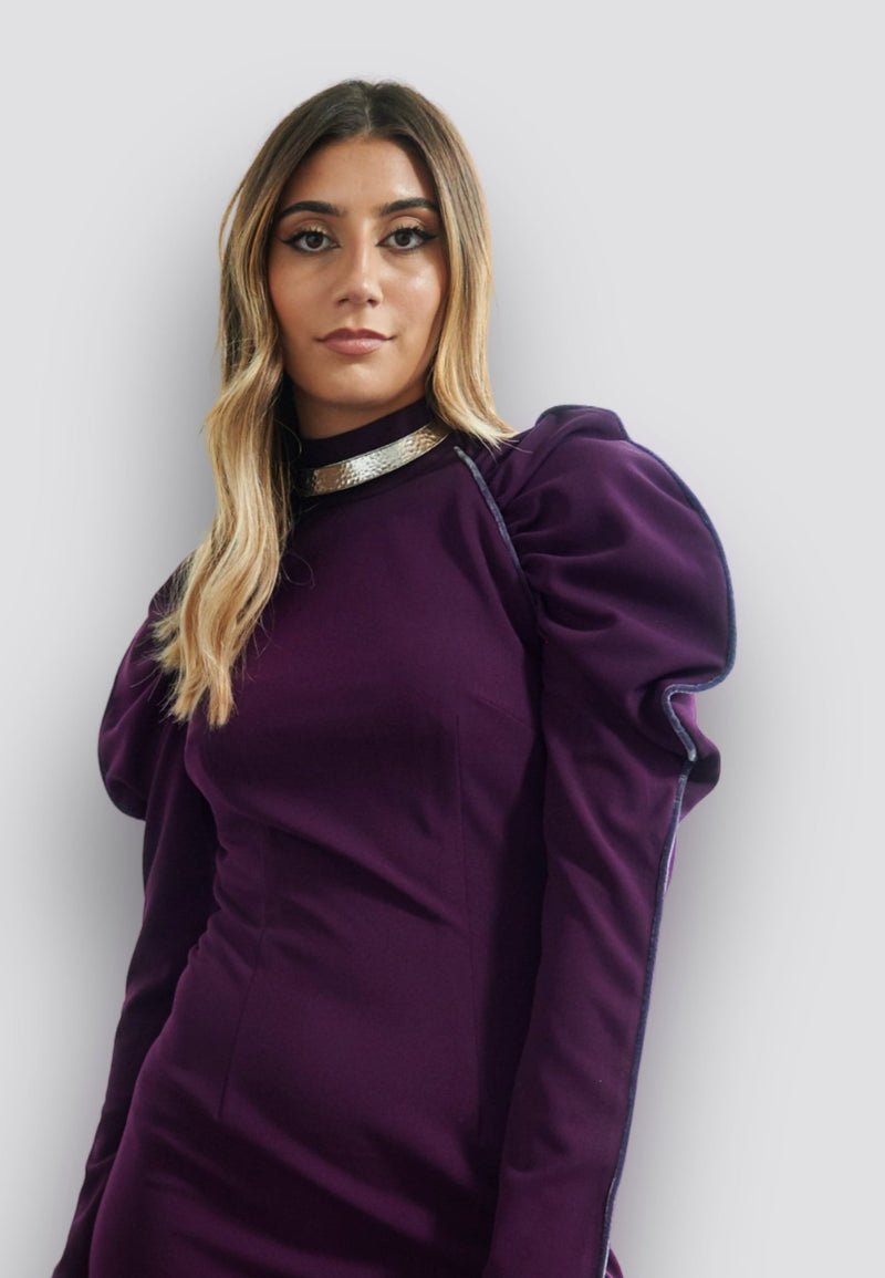 EOS - Purple Dress With Grey Velvet Piping - Yan Neo London