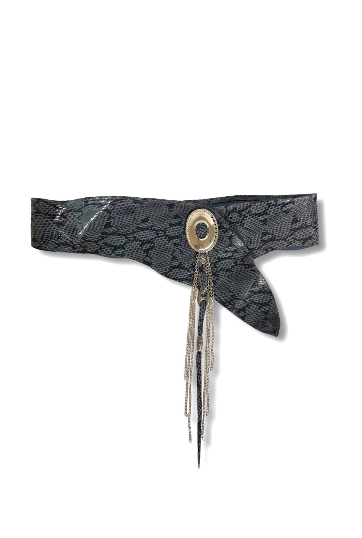 Grey Leather Snake Print Belt With Silver Tassel By Yan Neo London - Yan Neo London