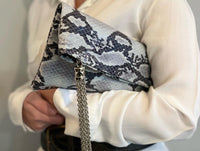 Grey Leather Snake Print Clutch Bag With Chain Tassel By Yan Neo London - Yan Neo London