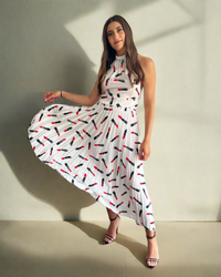 Yan Neo London Demi Lipstick Print Pleated Asymmetric Skirt