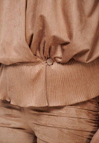 Larissa - Camel Crystal Pleated Suede Look Wrap Top - Yan Neo London