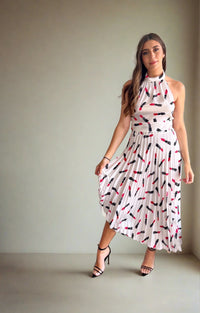 Yan Neo London Demi Lipstick Print Pleated Asymmetric Skirt - Yan Neo London