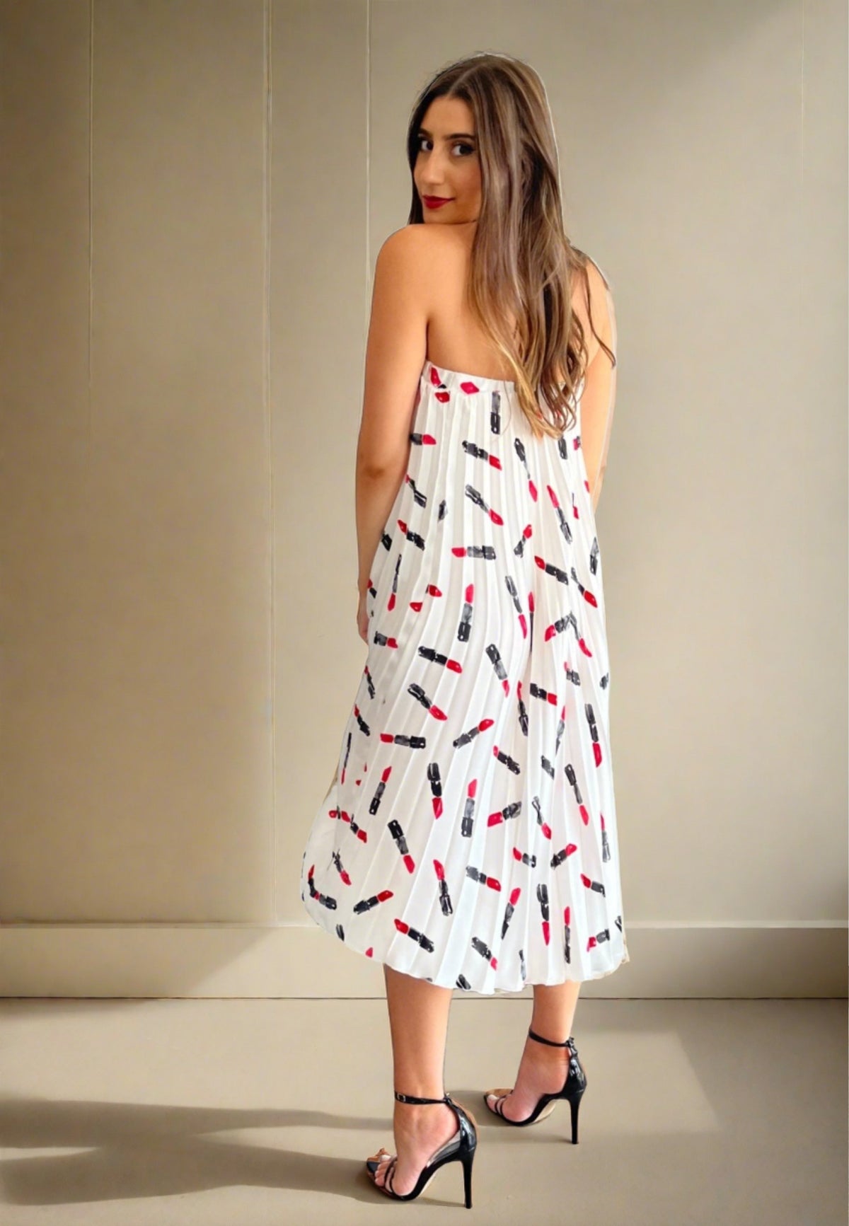 Yan Neo London Donni Lipstick Print Pleated Asymmetric Strapless Dress - Yan Neo London