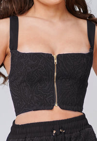 Yan Neo London IOLA Black Jersey Jacquard Zip Front Crop Top - Yan Neo London